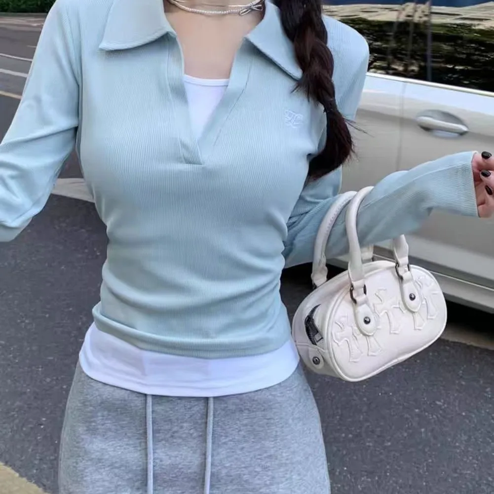 Women's lapel slim fit long sleeve bottoming top crafted from polyester suitable for home club daily vacation and seasonal use