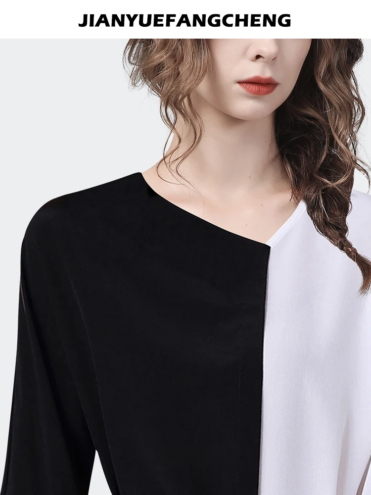 Black-white Color Blocking Womens Spring Summer Tops Loose-fitting Casual Plus V-Neck Belt Lace-up Office Ladies Blouses