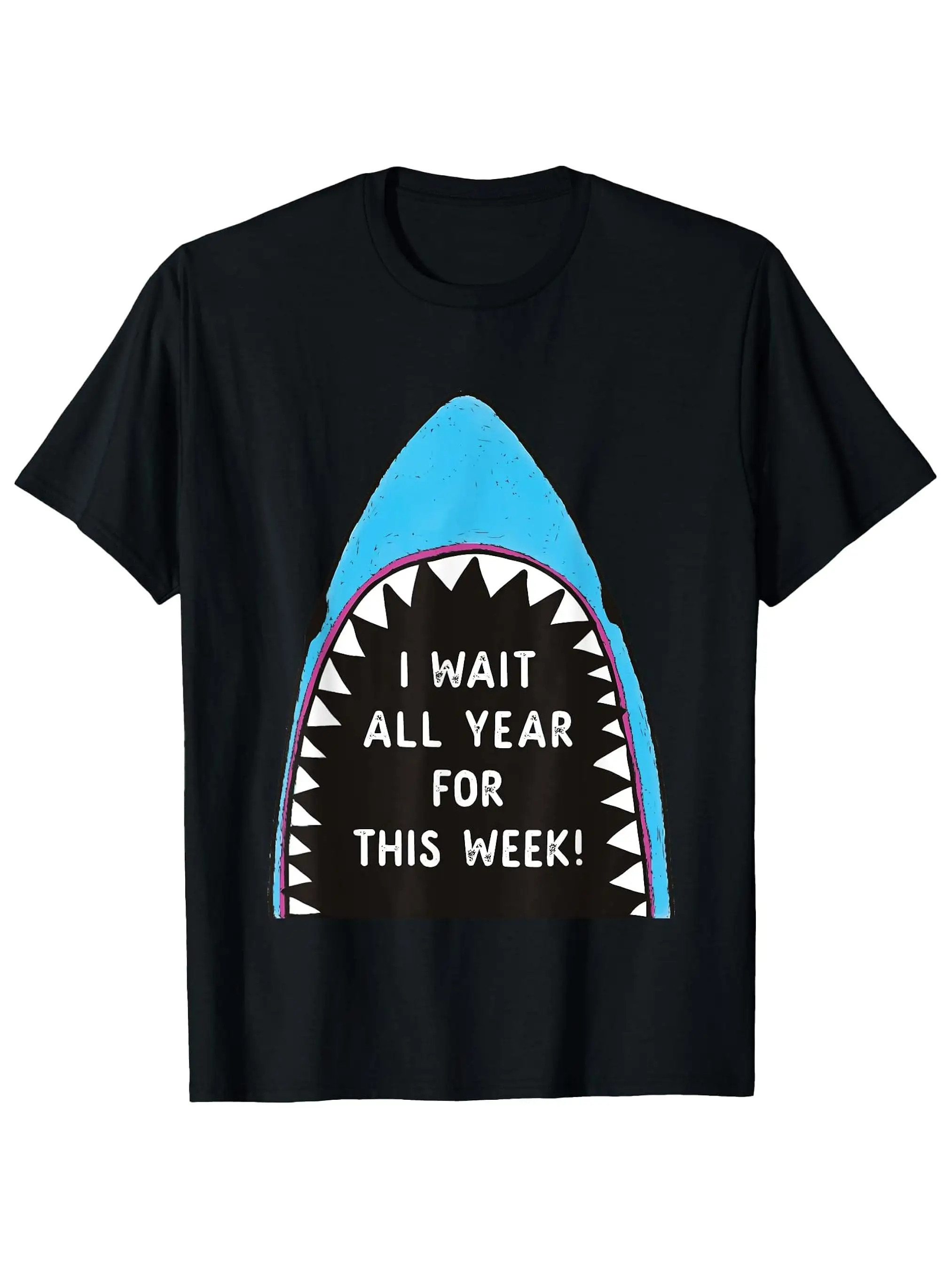 Camiseta de hombre con diseño de boca de tiburón salvaje: ¡Me he esperado un año por este fin de semana! Camiseta con estampado de Halloween - Negra, cuello redondo, manga corta