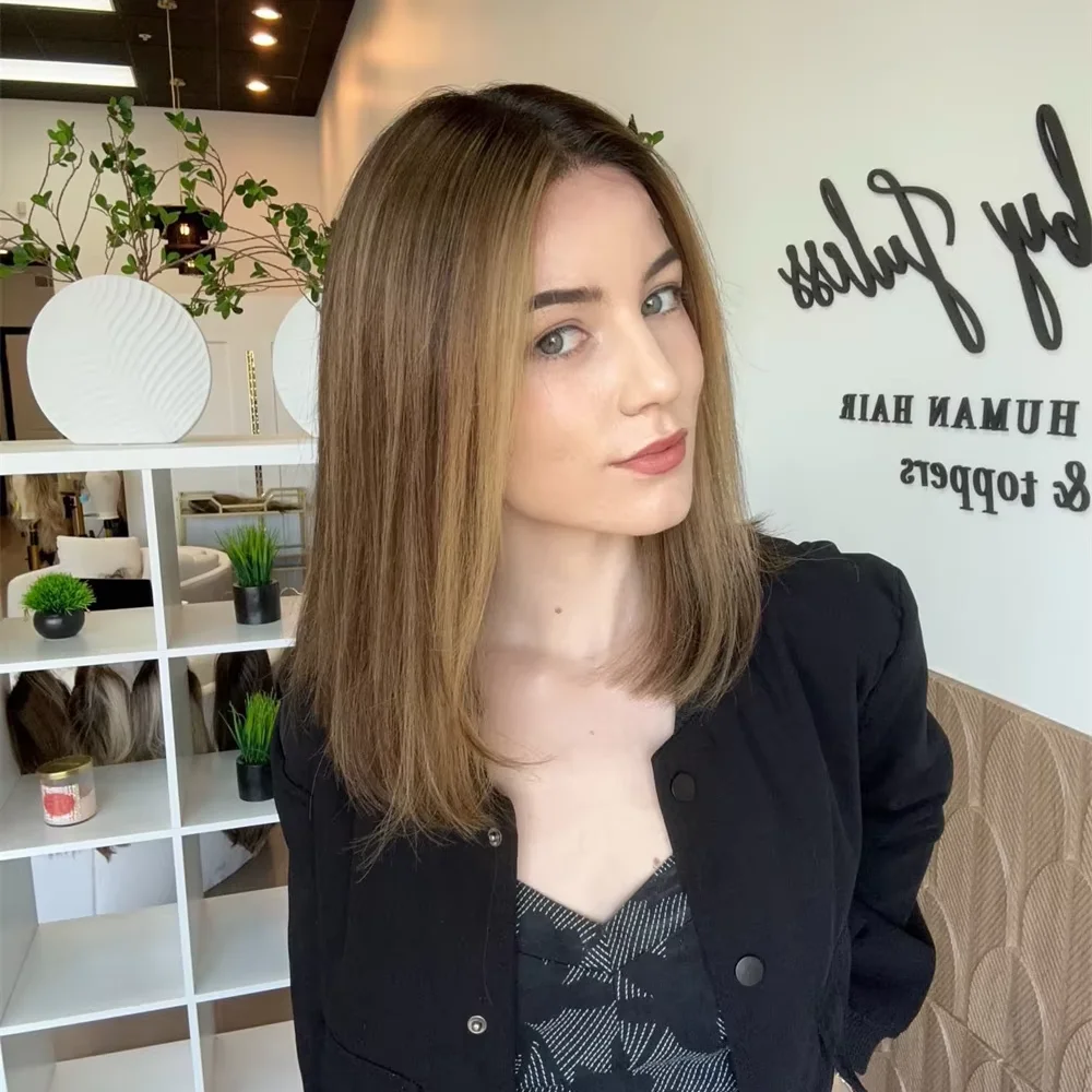 16Inch 13x4 Straight Lace Front Wigs Light Brown Ombre Colored Bob Wig Synthetic Realistic Look High Temperature Cosplay Wigs