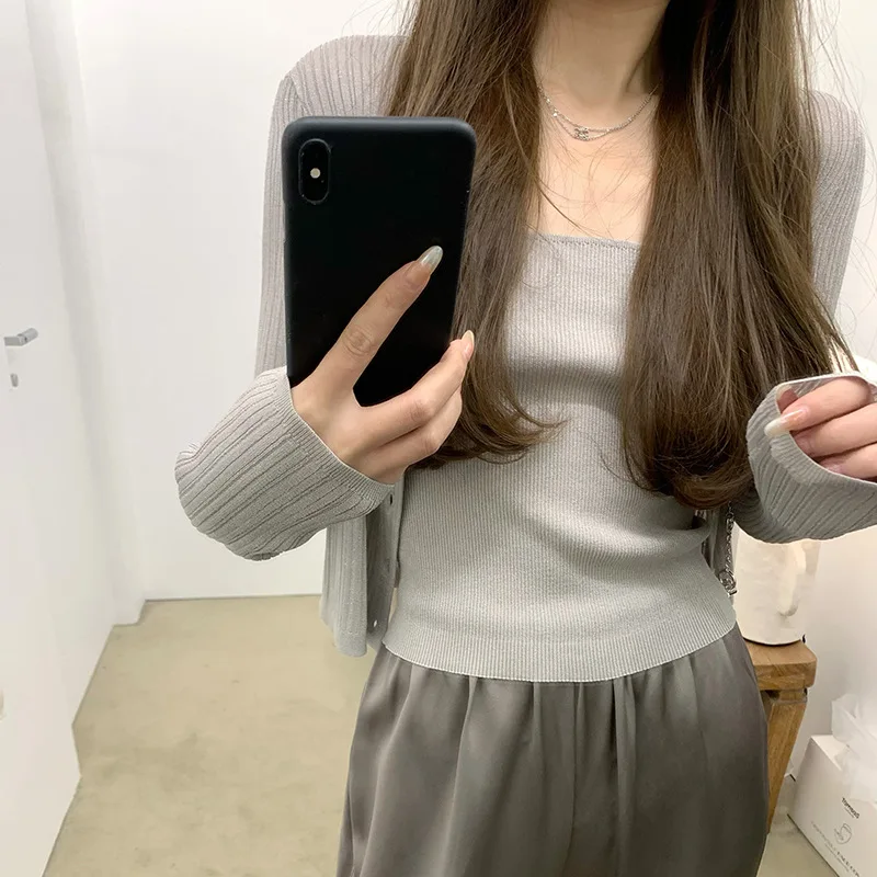 Knitted Yarn Fine Sparkling Cardigan Solid Color Suspender Two-piece Set Fashionable Temperament