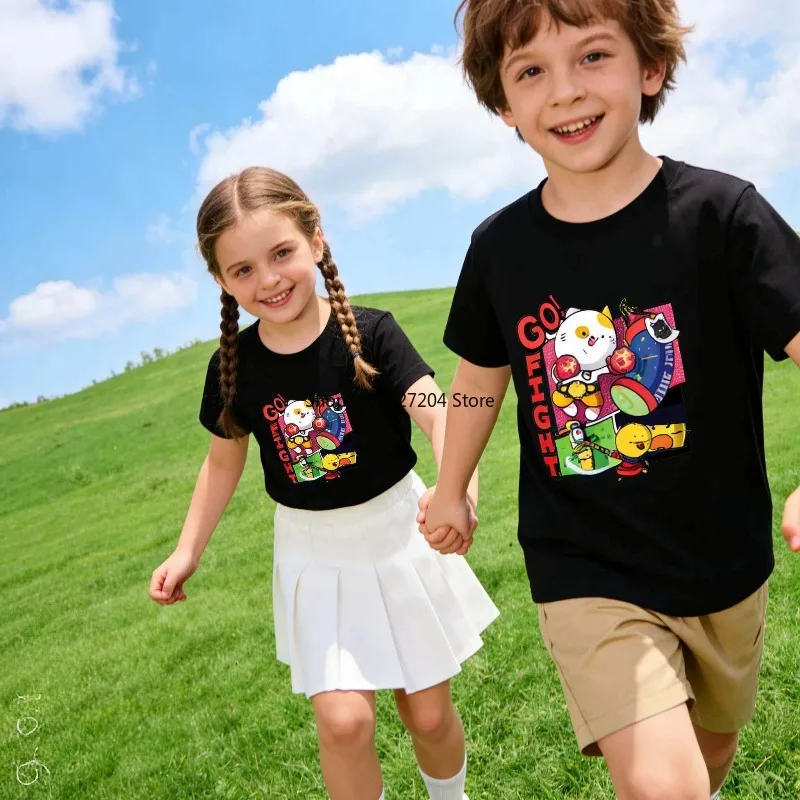 

Новая летняя детская футболка из 100% чистого хлопка, топ с игривым принтом в виде мультяшного кота, повседневная рубашка с короткими рукавами для родителей и детей