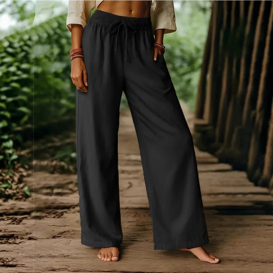 

2026 Drawstring Spring Summer Wide Leg Solid Color Trousers Women's Pocket Office Commuting Daily Outdoor Versatile Casual Pants