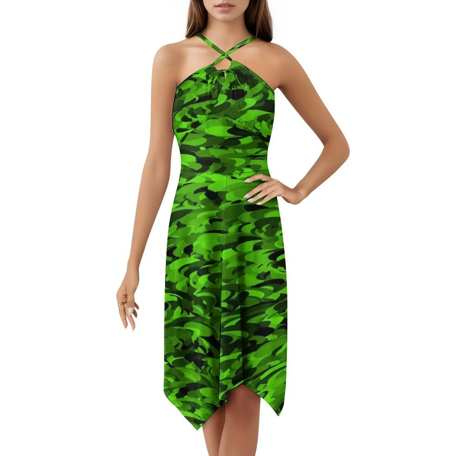 مجردة التمويه الأخضر الأسود-9848 بوهو شيك فستان أنيق موضة شاطئ حفل زفاف ثوب أخضر أسود نمط التمويه