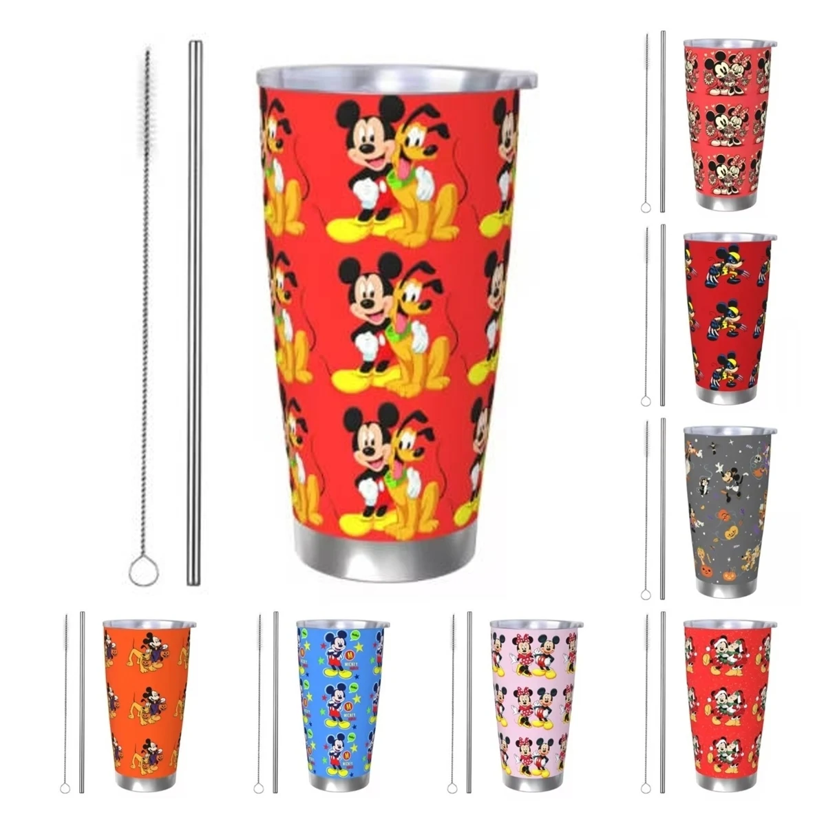 Cute Cartoon Mickey And  Pluto Insulated Tumbler with Straws Lid Vacuum Thermal Mug Office Home Hot Cold Drinks Cups, 20oz