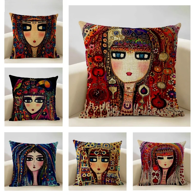 

Lovely Girl Cushion Cover Oil Painting Portrait Home Decoration Pillowcase Living Room Bedroom Sofa Pillow Case 45x45cm Linen