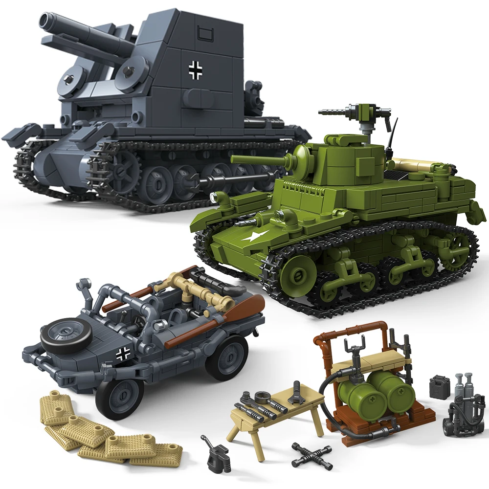 

Мировая война WW2 Армейские военные солдаты M3A1 Основный боевой танк Bison Series Самоходный пистолет Строительные блоки Кирпичи Игрушка для детей