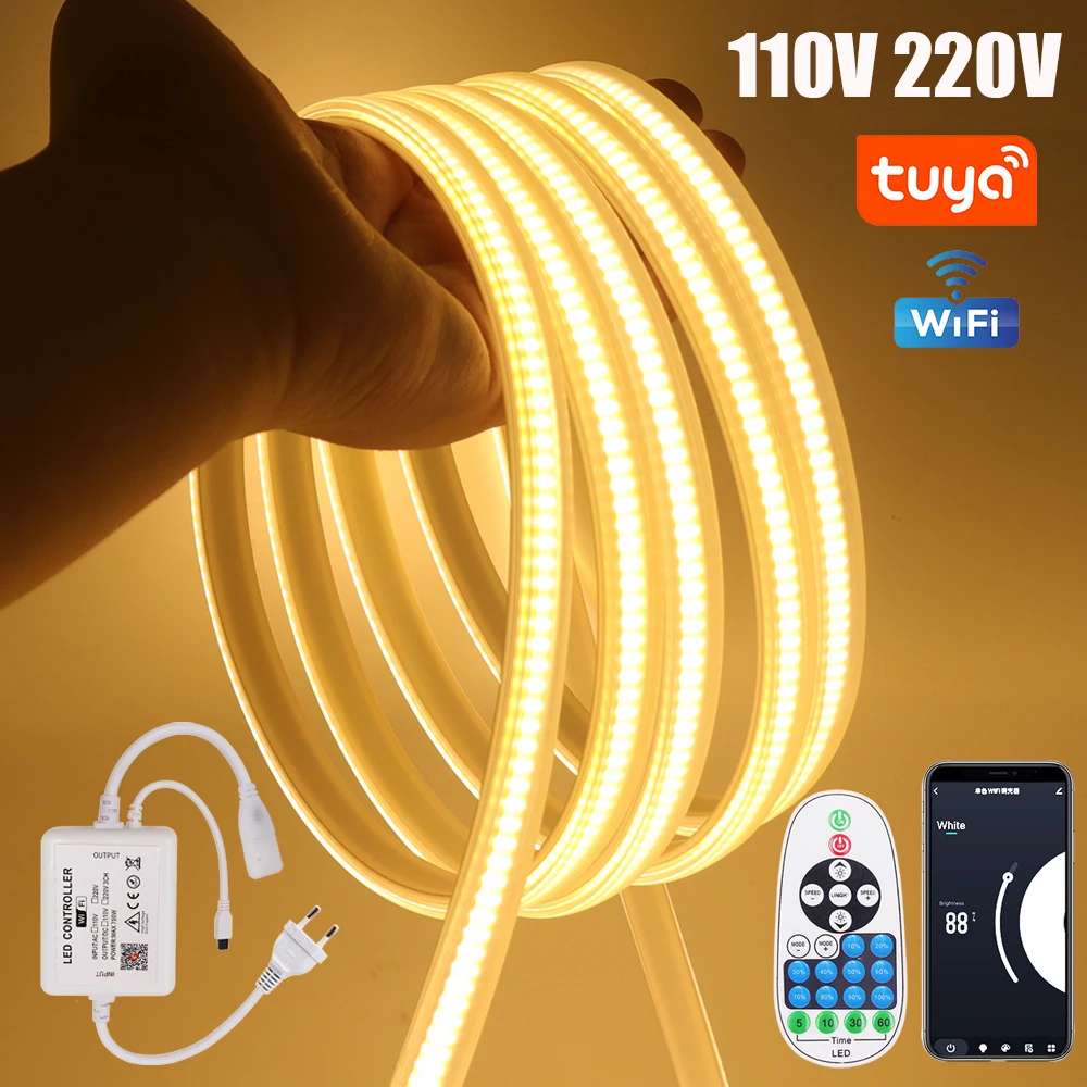 Pasek COB LED sterująca Tuya WIFI Alexa ściemnialna AC 110V 220V wodoodporna diod 288/M do domu wystrój ogrodu elastyczne światło taśma wstążkowa