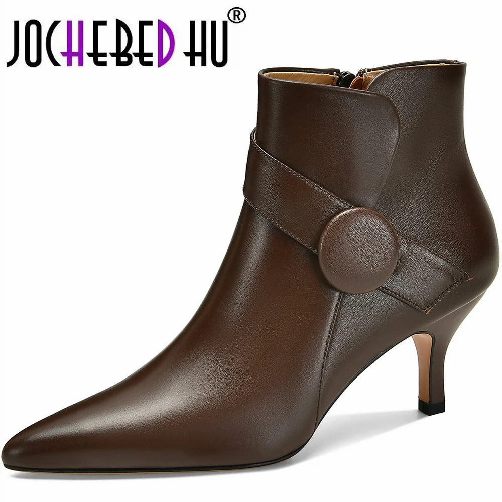 

【JOCHEBED HU】Women Thin High Heel Genuine Leather Ankle Boots Fashion Zipper Boots Comfort Pointed Toe Buckle Fall Winter 33-40