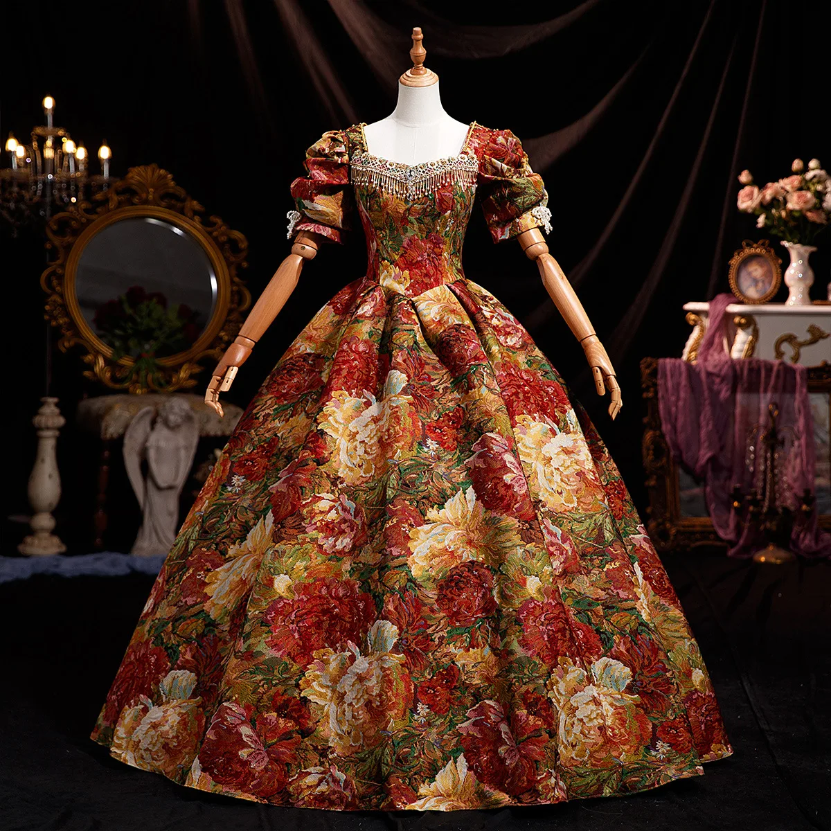

European Monet Oil Painting Retro Court Style French Print Dress Annual Meeting Drama Birthday Party Performance Dress Robe Fête