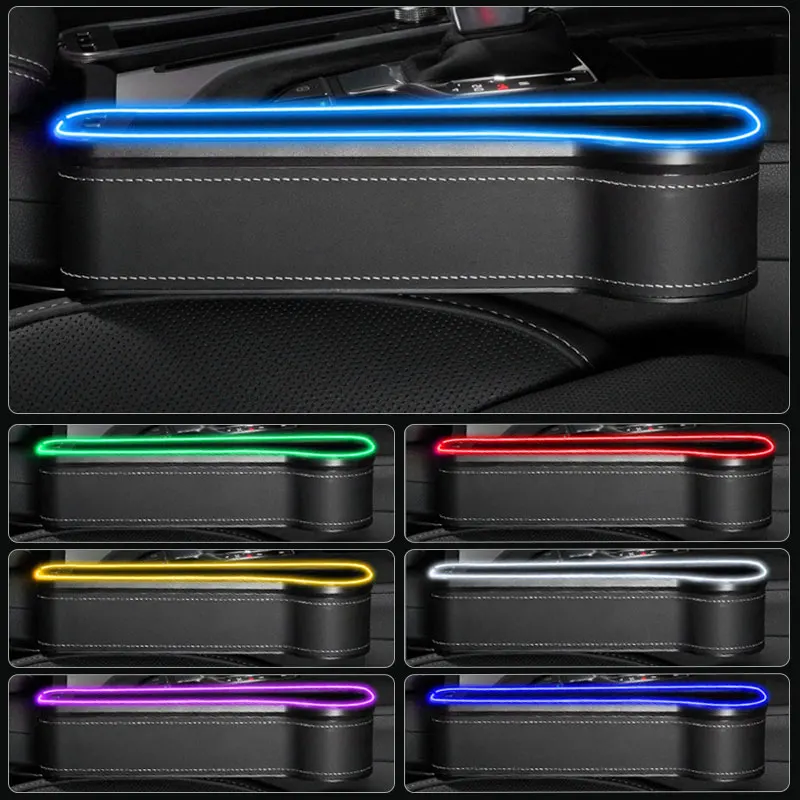 SEAMETAL Car Seat Gap Storage Box with Atmosphere Light Seat Side Organizer Dual USB Charge Port Cup Holder Car Stowing Tidying