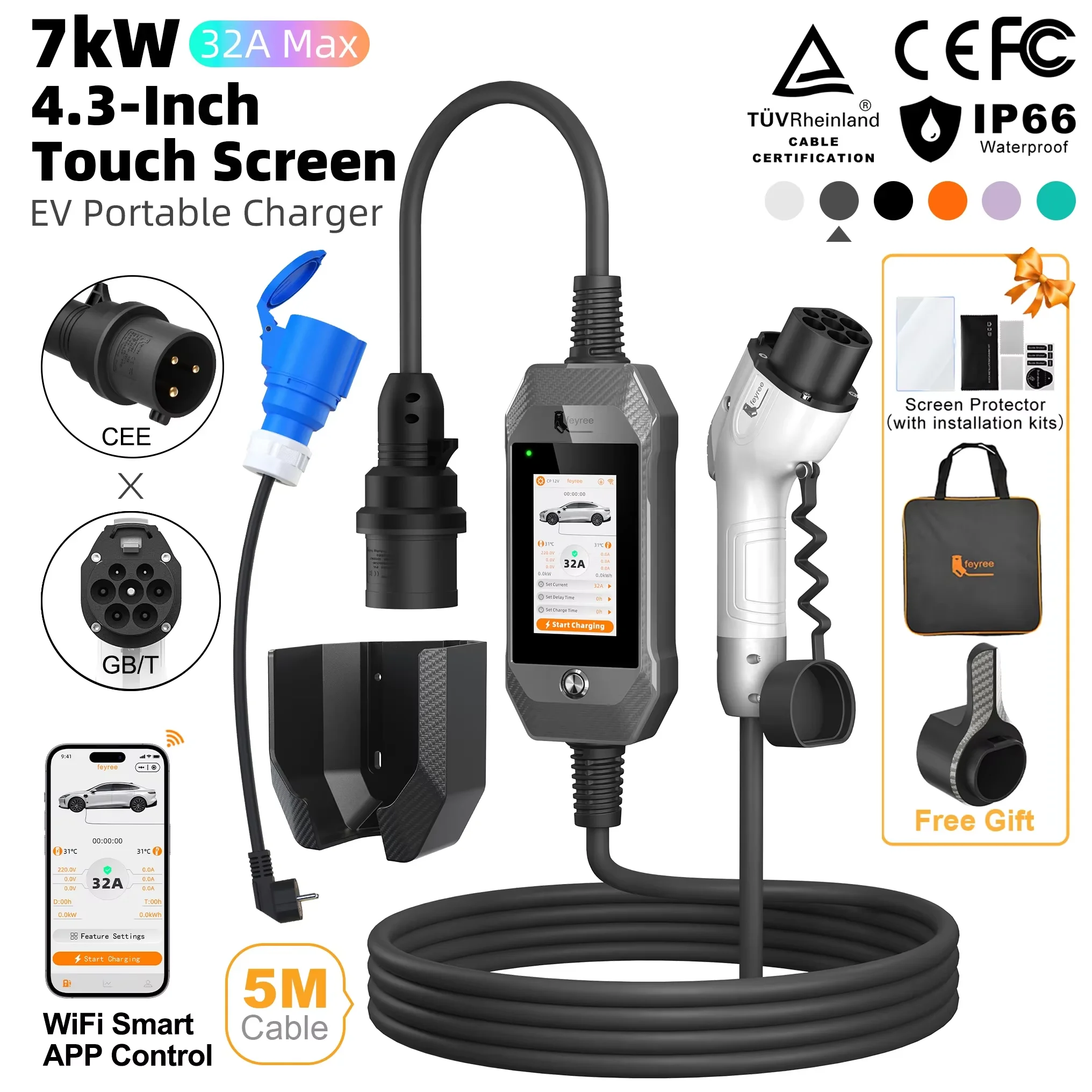 Feyree 4.3'' TouchScreen Type1 Charging Plug Portable 7kW EV Charger Dual Temp Protection with Smart APP OTA Upgrade AC Charger