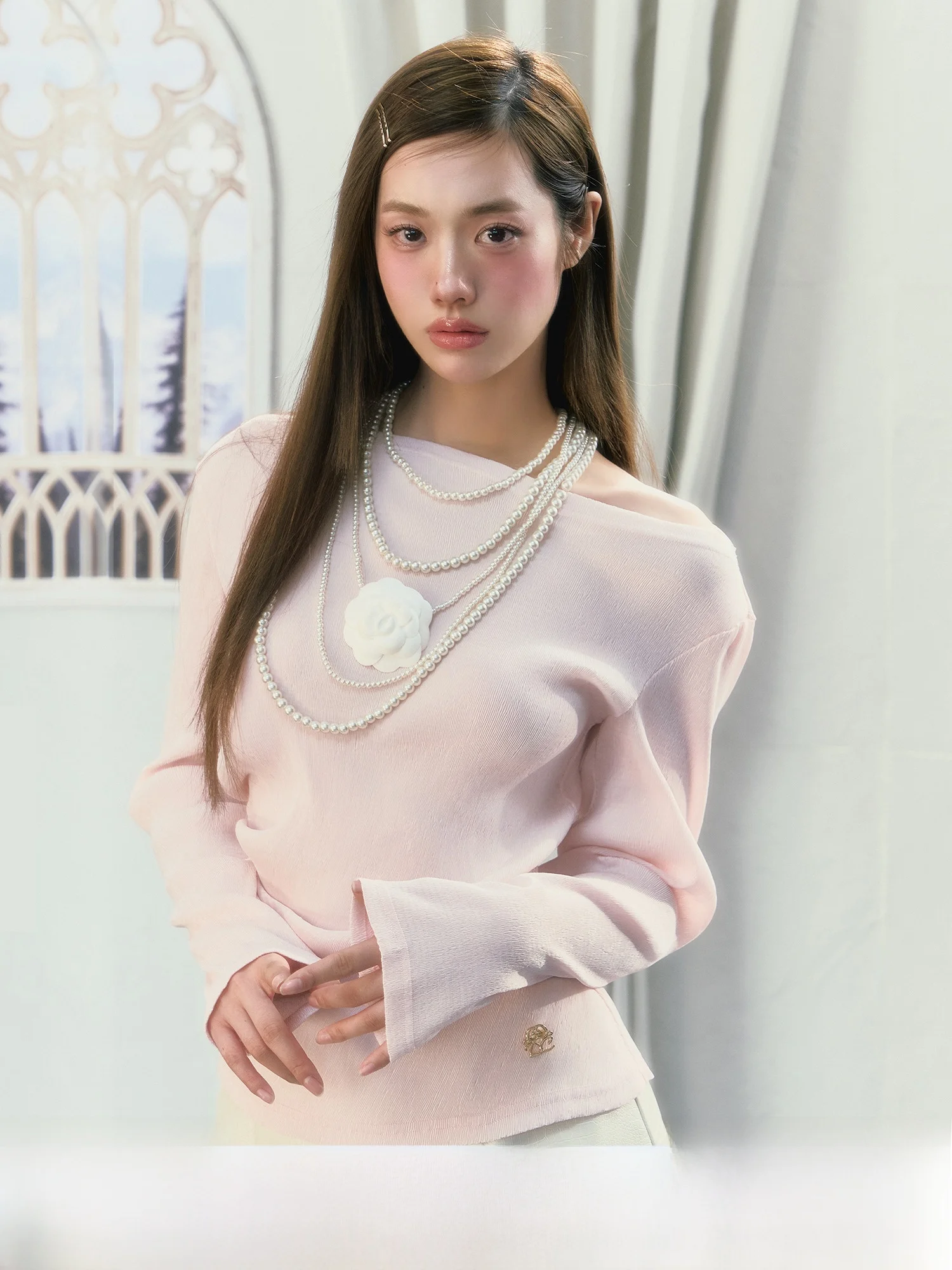 

Pink Texture Base irt One-oulder Ne Design Pure Desire Girl Sle Boting T-irt for Young Women Commute Sle Long ...