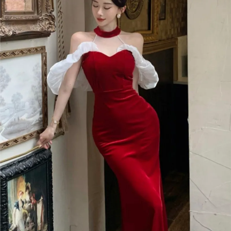 High Quality |Elegant off-the-shoulder Banquet high-waisted Nightclub Burgundy Fishtail Women Dress