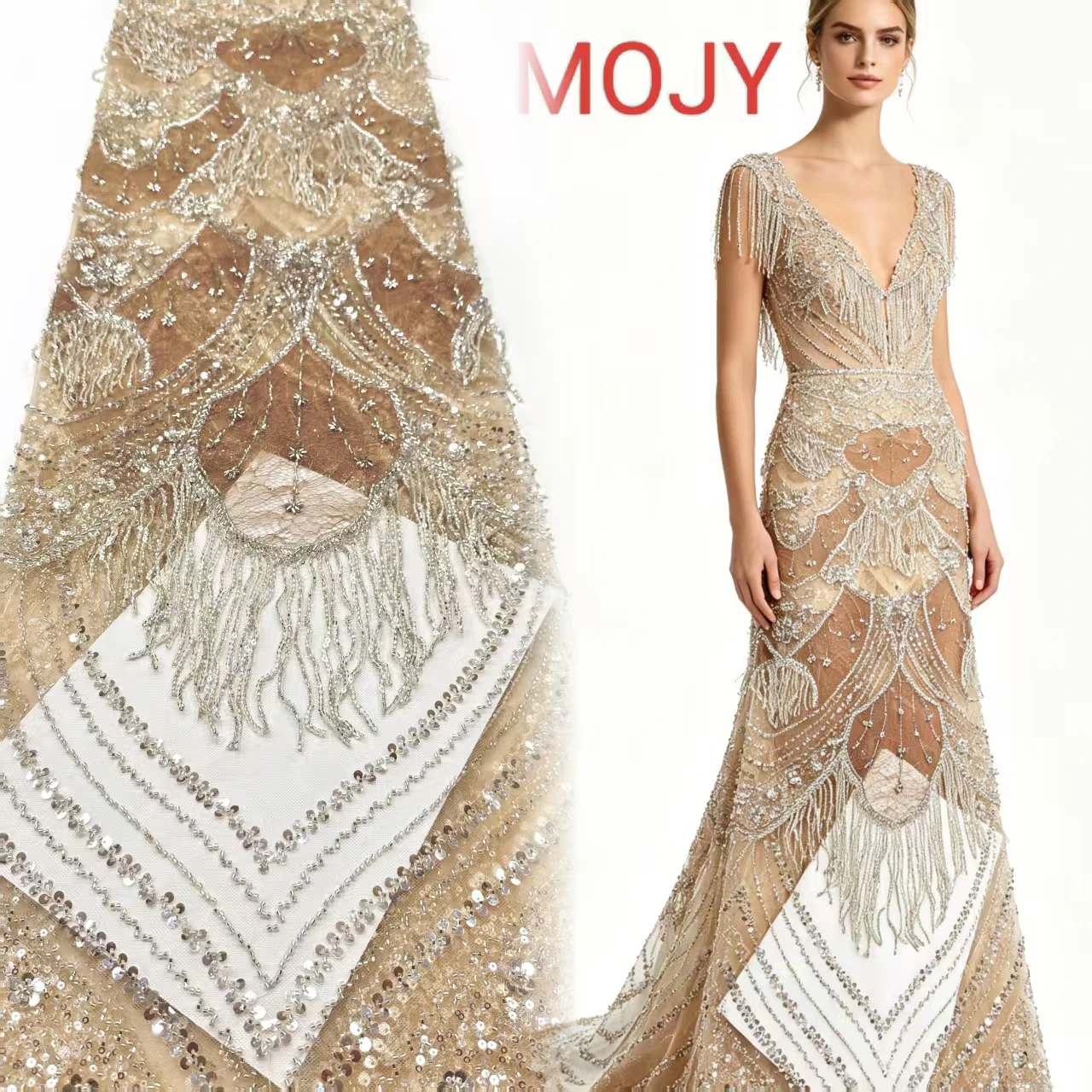 

Handmade Beaded Sequins Tassel Lace Mesh Embroidery Cloth For Women Prom Party Formal Evening Dresses