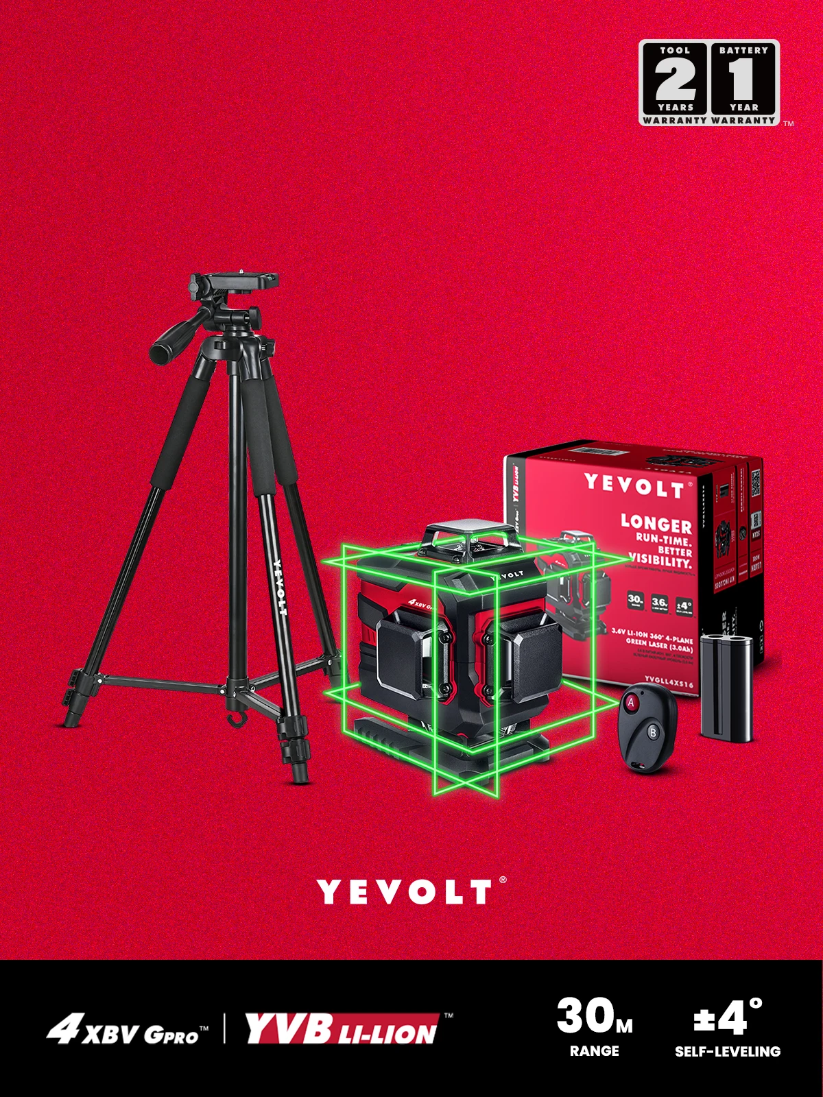 YEVOLT TP-YVGLL4XS16 4-Plane Green Laser Level 4D 16-Line Self-Leveling 360 Ground Line Horizontal & Vertical Tools -1.5m Tripod