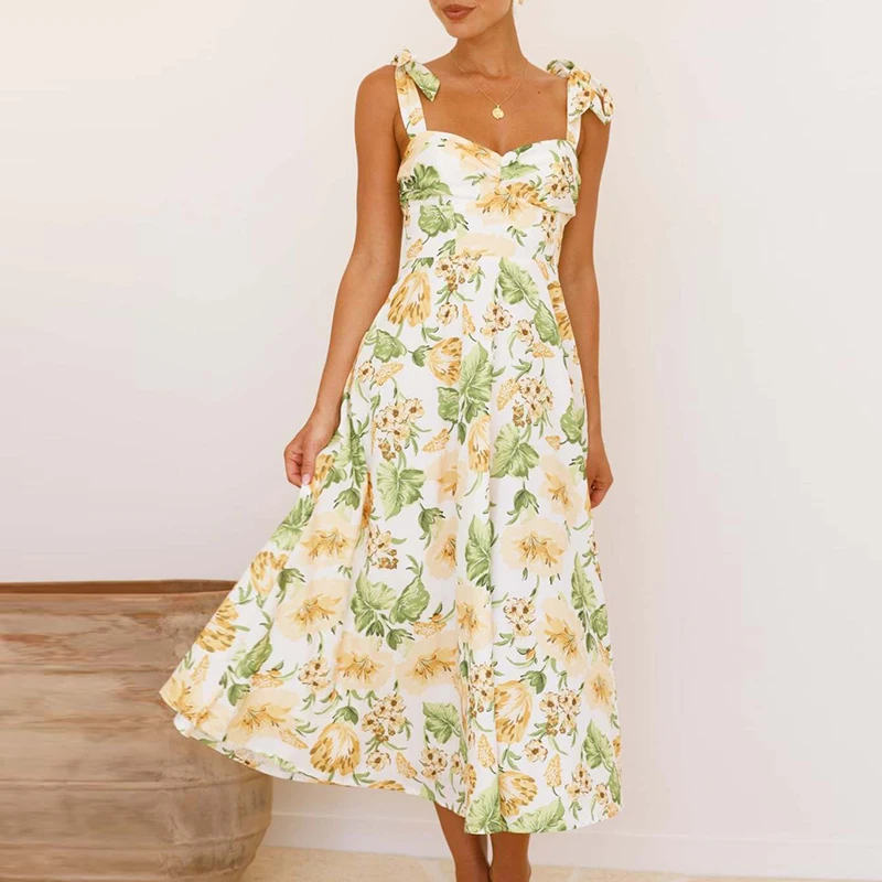 เดรสยาวพิมพ์ลายดอกไม้แฟชั่น เอวสูง สไตล์ลำลองสำหรับผู้หญิง เปิดไหล่ จับจีบ เหมาะสำหรับใส่ไปเที่ยวทะเล เซ็กซี่ แขนกุด สายเดี่ยว สำหรับวันหยุด