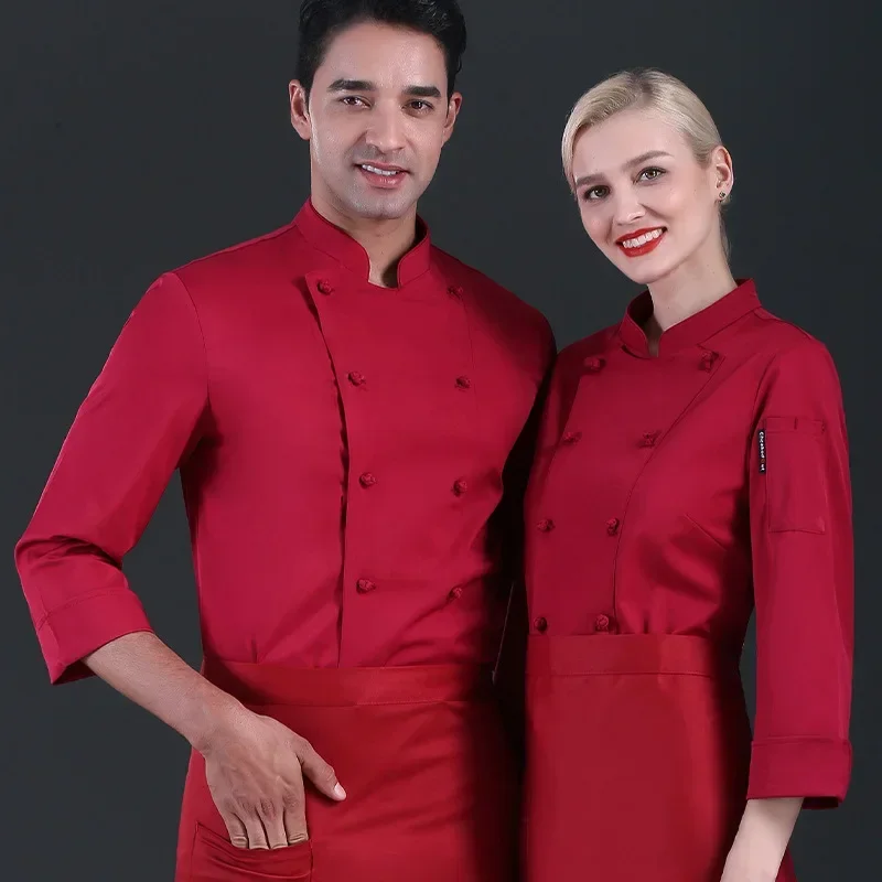 Traje de Chef blanco puro, chaqueta de cocinero, camisa de Chef masculina de gama alta, uniforme de restaurante de manga larga, ropa de trabajo para barbería, monos