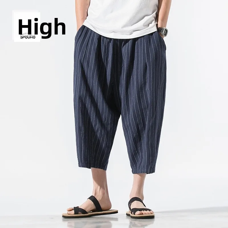 

Summer Men's Loose Casual Striped Wide Leg Seven-Five Pants Trendy Brand Oversize Leisure orts Fat People Large Size Trendy...