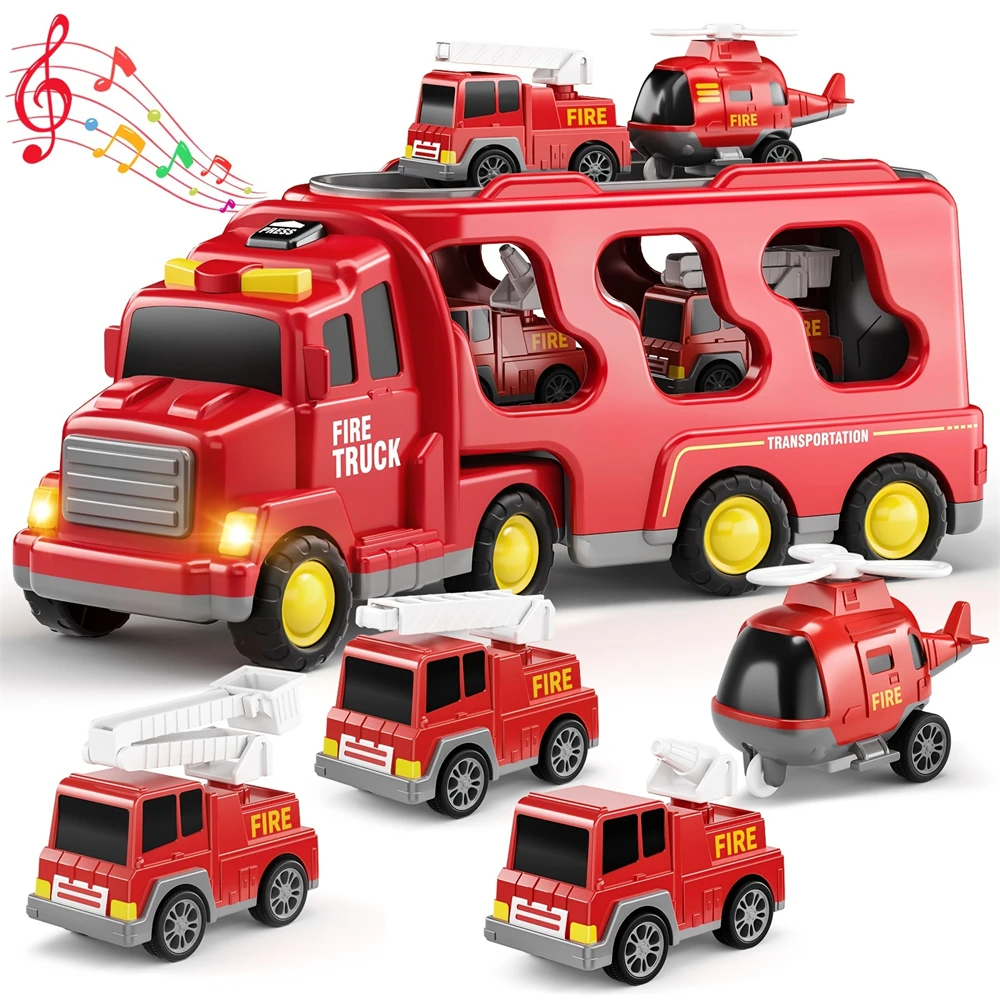 Friction Power Vehicle Toy Car Set Toddler Fire Engine Toys For Boys Girls Carrier Truck Transport Cars Firefighter Vehicles