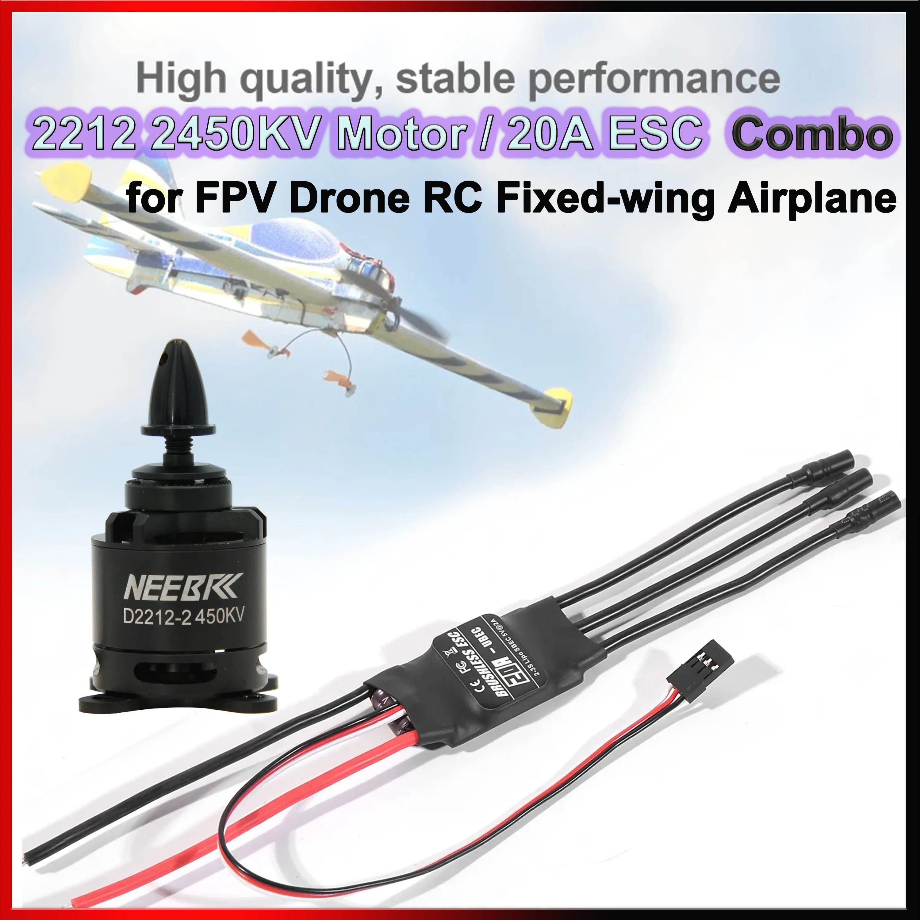 

NEEBRC 2212 2450KV Motor 2-3S 20A ESC Brushless Combo for RC FPV Drone Fixed-wing Multicopter Quadcopter Airplane Aircraft Parts