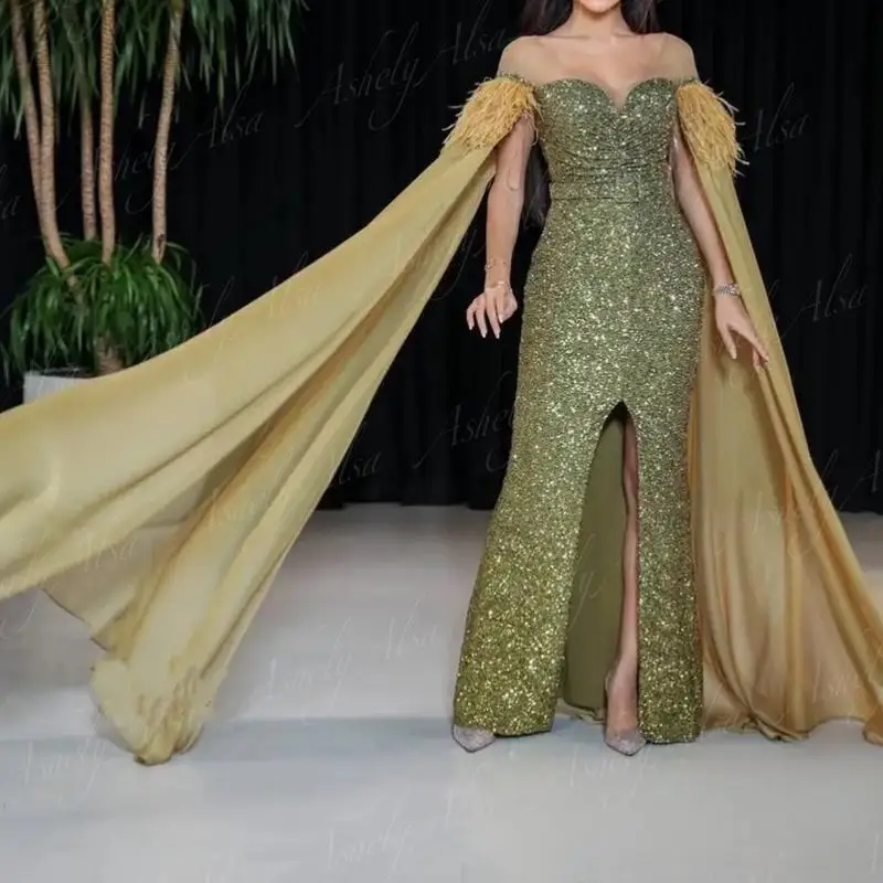 AAQ113 Customized Sequined Women Evening Dresses With Sleeve Cape Off Shoulder Feather Chffon Mermaid Prom Occasion Party Gown