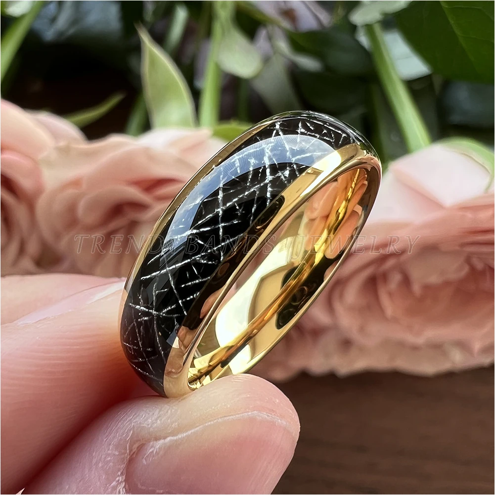 Tungsten Carbide Engagement Rings For Men Women Wedding Band Gold Plated Domed Black Meteorite Inlay High Polished Shiny