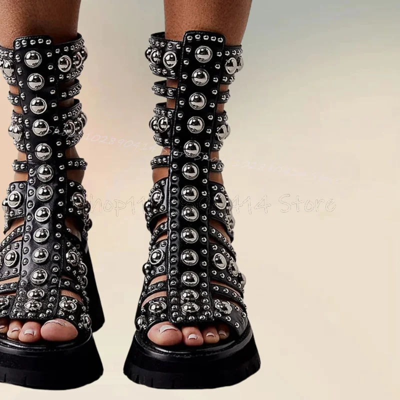 

Round Rivets Decor Black Hollow Design Sandals Boots Back Zipper Women Shoes Chunky High Heels Fashion 2026 Zapatos Para Mujere