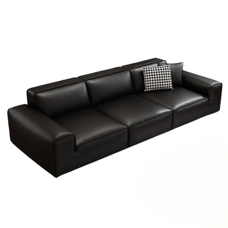 

Big black cow leather sofa living room simple small apartment Italian minimalist first layer cowhide straight row tofu block