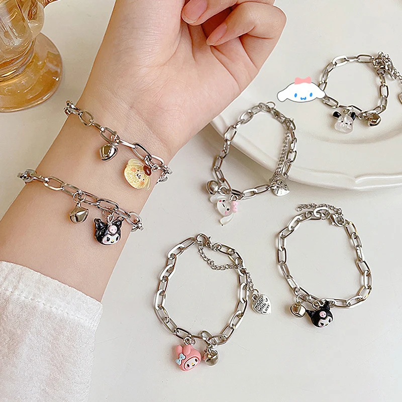 Sanrio Bell Bracelet Female Cinnamoroll Kuromi Pompompurin My Melody Pochacco Cartoon Adjustable Bracelet Anime Birthday Gift