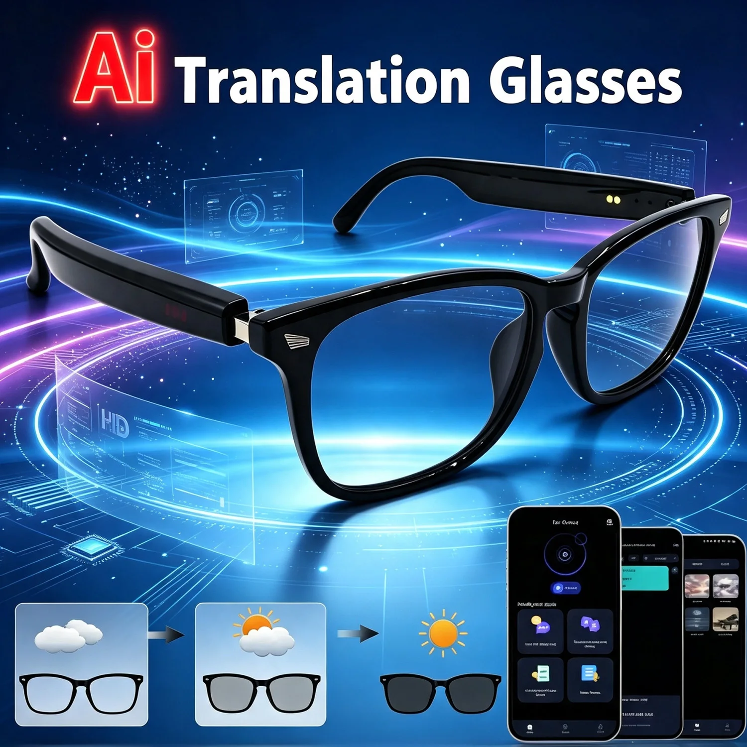V6 Max AI Smart Glasses Audio with Photochromic Transition Lens Open Ear Design for Bluetooth Calls Music Streaming Outdoor Driv