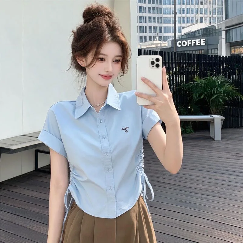 Blue Sweet Spicy Girl Short Sleeve Shirt Women's Summer New Style Loose Drawstring  Collar Slimming Blouse Breathable Moi...
