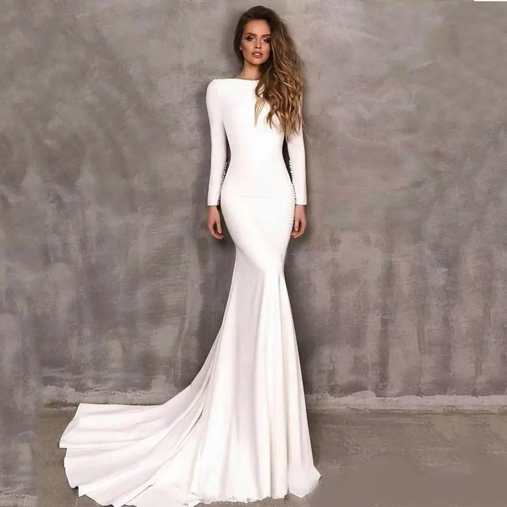 New Style Simple Satin Mermaid Wedding Dresses Long Sleeves Elegant Boho Sexy Backless Bride Dress Vestido De Novia Customized