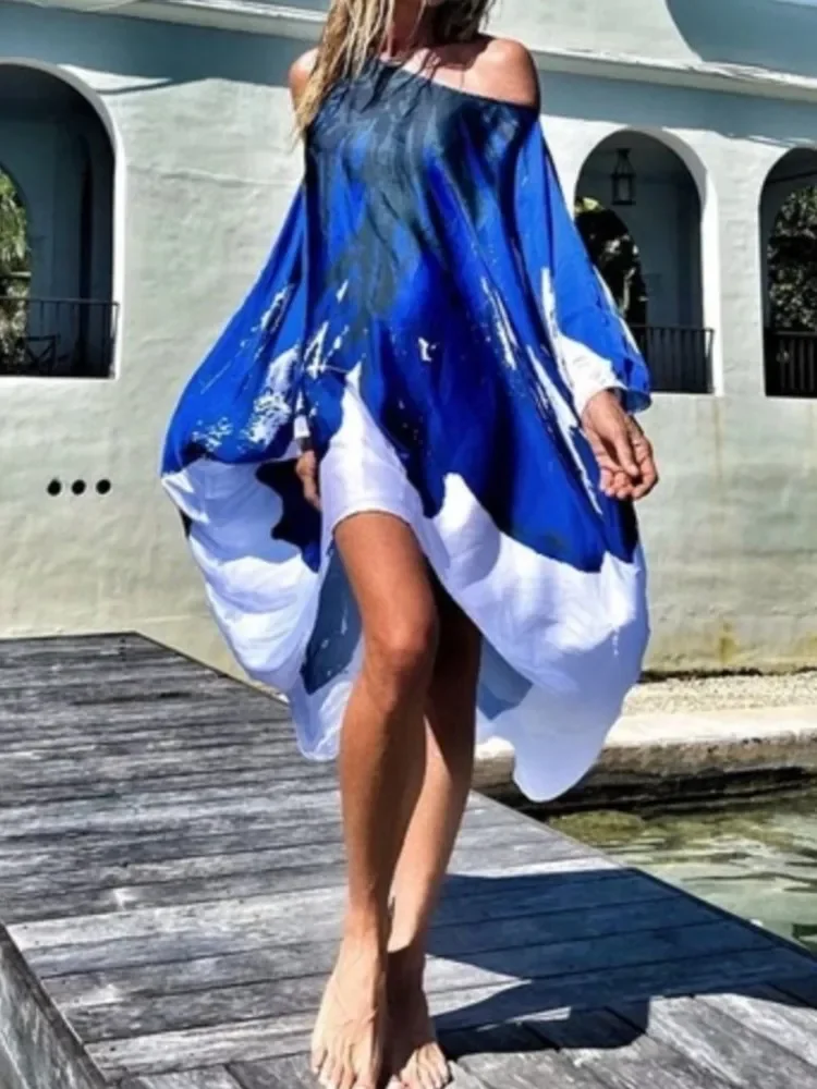

Женские платья с принтом, новинка лета 2025, свободное повседневное платье нестандартной формы с наклонными плечами для пляжного отдыха, модная пляжная одежда, Vestidos
