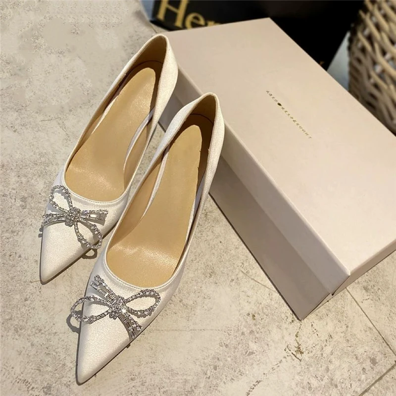 

Spring new pointed shallow crystal bow silk wedding shoes banquet dress rhinestone small size thin high-heeled women's shoes