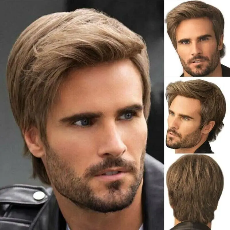 Brown Blond Short Hairstyles Men's Natural Straight  Hair Wig 6 Inch