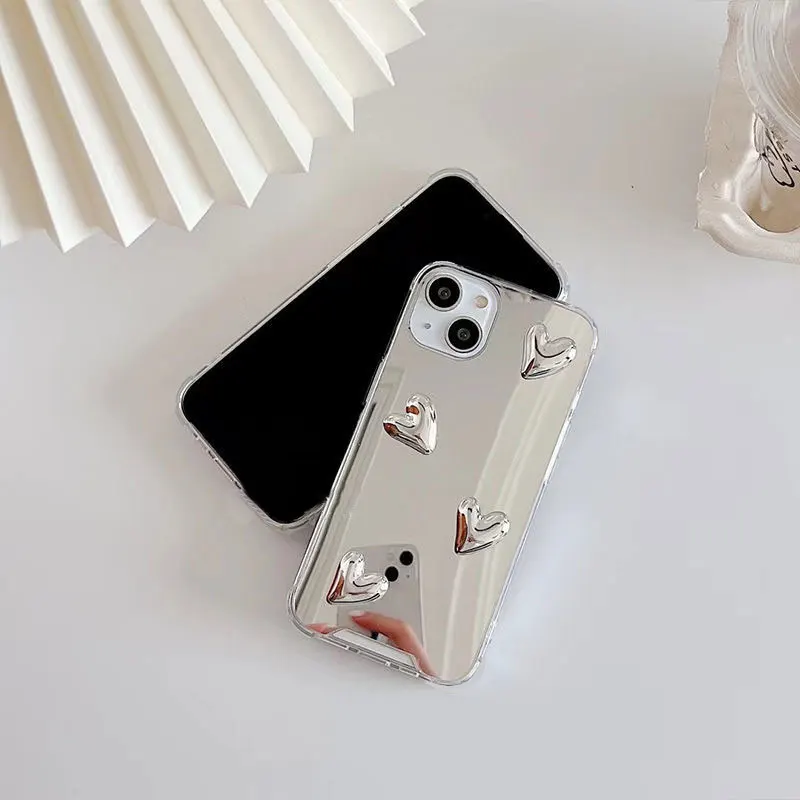 For Samsung Note 10 20 Ultra S25 S24 S23 S22 Plus S21 Ultra S20 FE S10 S9 3D Silver Heart Bear Mirror Case Cover