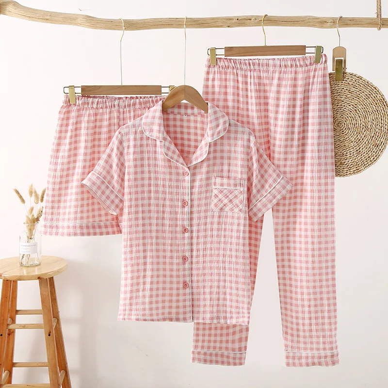 Women Summer Three Piece Pajamas Set Japanese Plaid Pure Cotton Double Layer Yarn Home Clothes New Ladies Sleepwear Suit