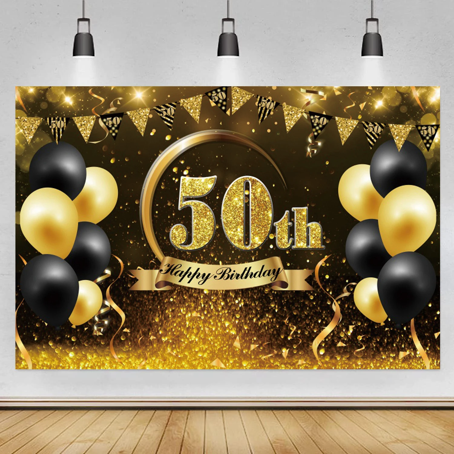 

50 Years Old Birthday Party Backdrop Black Gold Balloon Man Woman Sign Banner Custom Photography Background Photo Studio