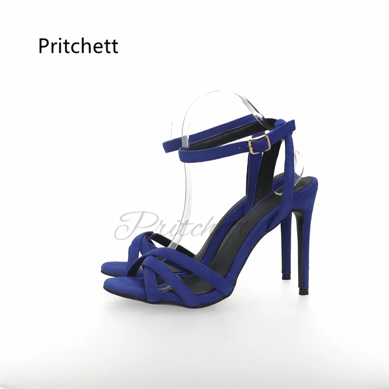 Blue Suede High Heels Sandals for Women Buckle Cross Strap Stiletto Shoes Summer Fashion Open Toe Party Office Lady Shoes