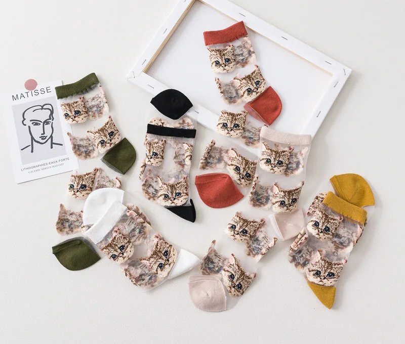 Frauen Transparent Nette Katze Socken Kawaii Damen Japanische Mode Koreanische Trendy Sommer Dünne Kristall Seide Socke Glasfaser Strumpf – Detail 14