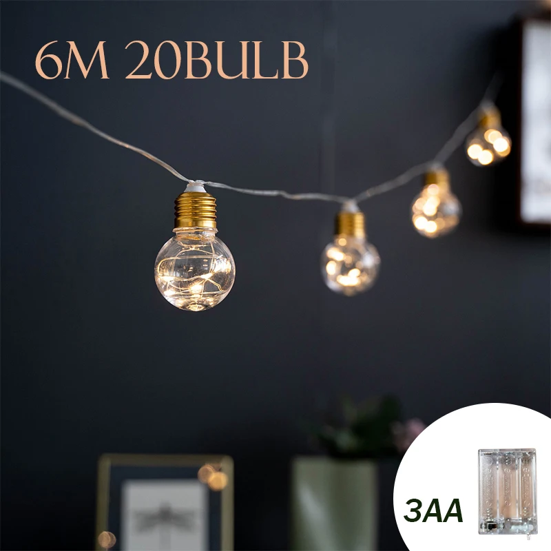 7M LED USB Bulb Fairy Lights 20 Ball Festoon Lights Battery Operated String Light Lamp For Bedroom Christmas Party Wedding Decor