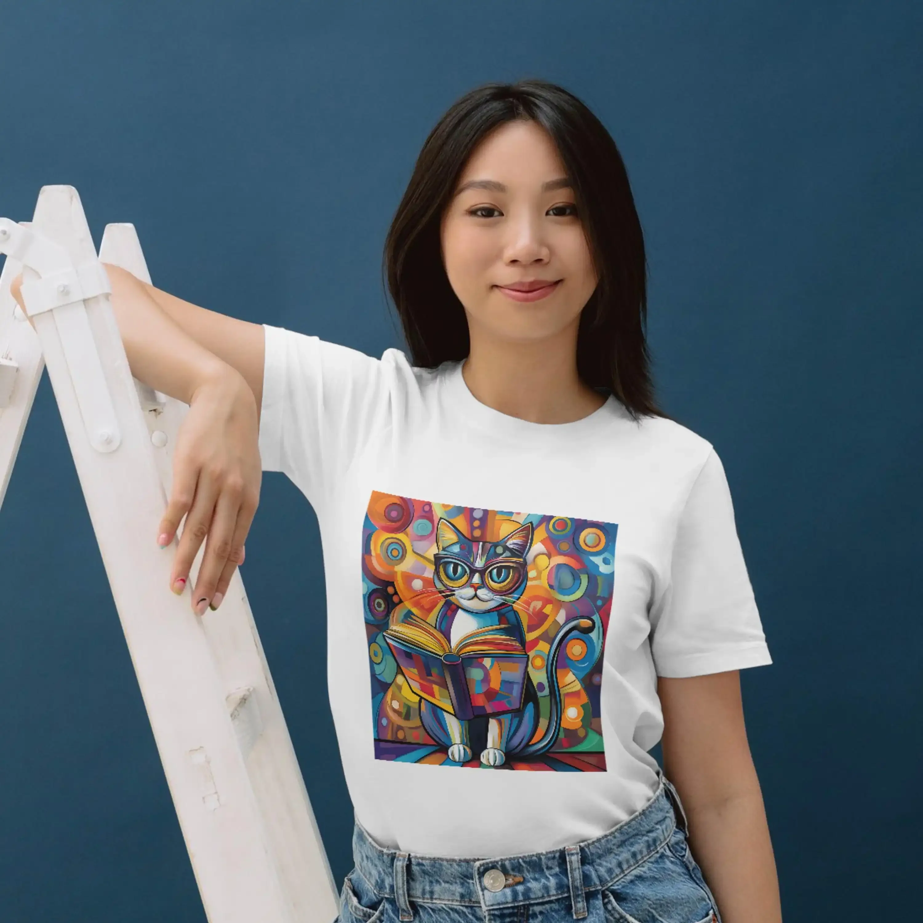Colorful Reading Cat Whimsical Artwork on T shirt Tote Bag Pillow SweaT and Mug Unique s for Book Lovers Enthusiasts