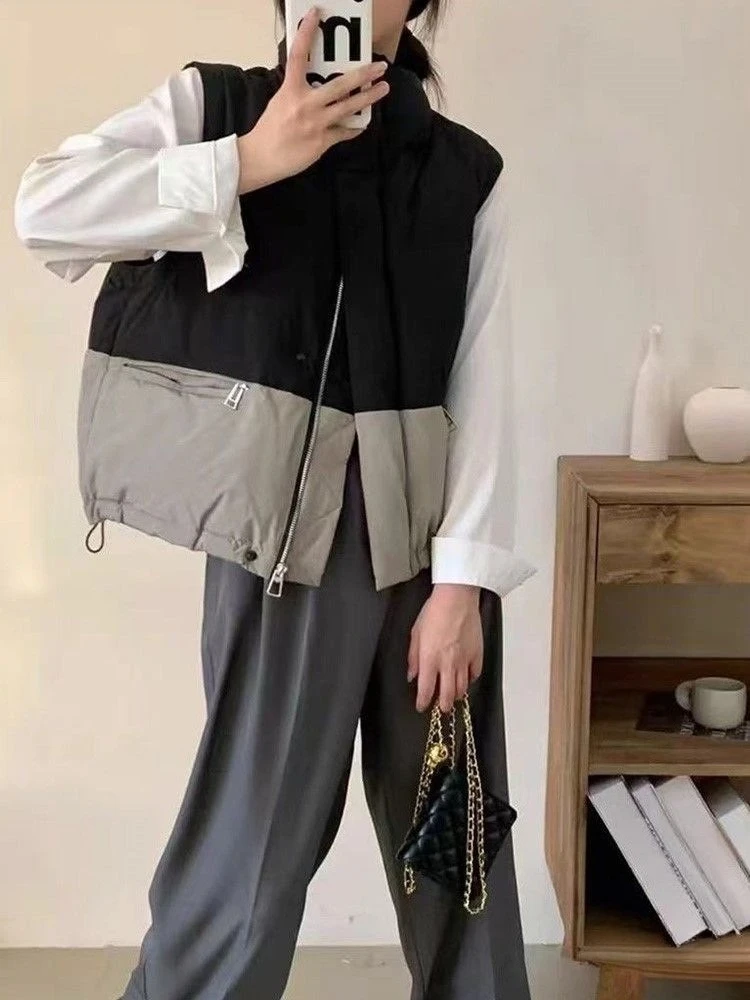 Otoño Invierno moda chaleco acolchado sin mangas mujeres coreano Patchwork cuello medio alto abrigos mujer contraste Color cálido Tops abrigo