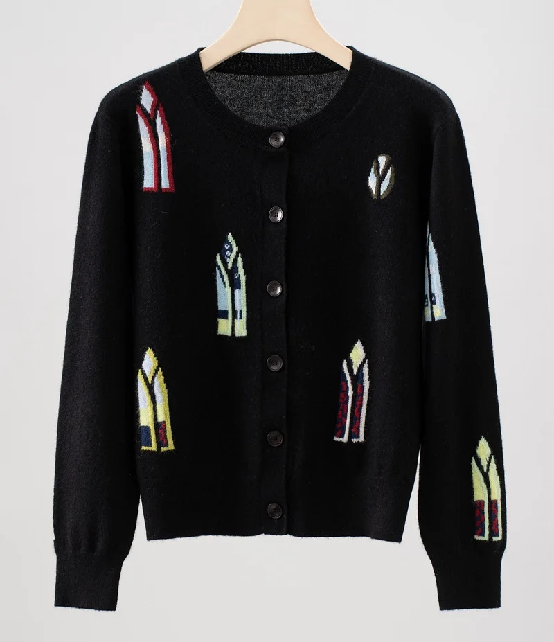 Top Qualität Neue Wolle Kaschmir Gestrickte Mäntel 2025, Herbst Winter Strickwaren Frauen Farbe Block Stickerei Vintage Khaki Schwarz Mäntel