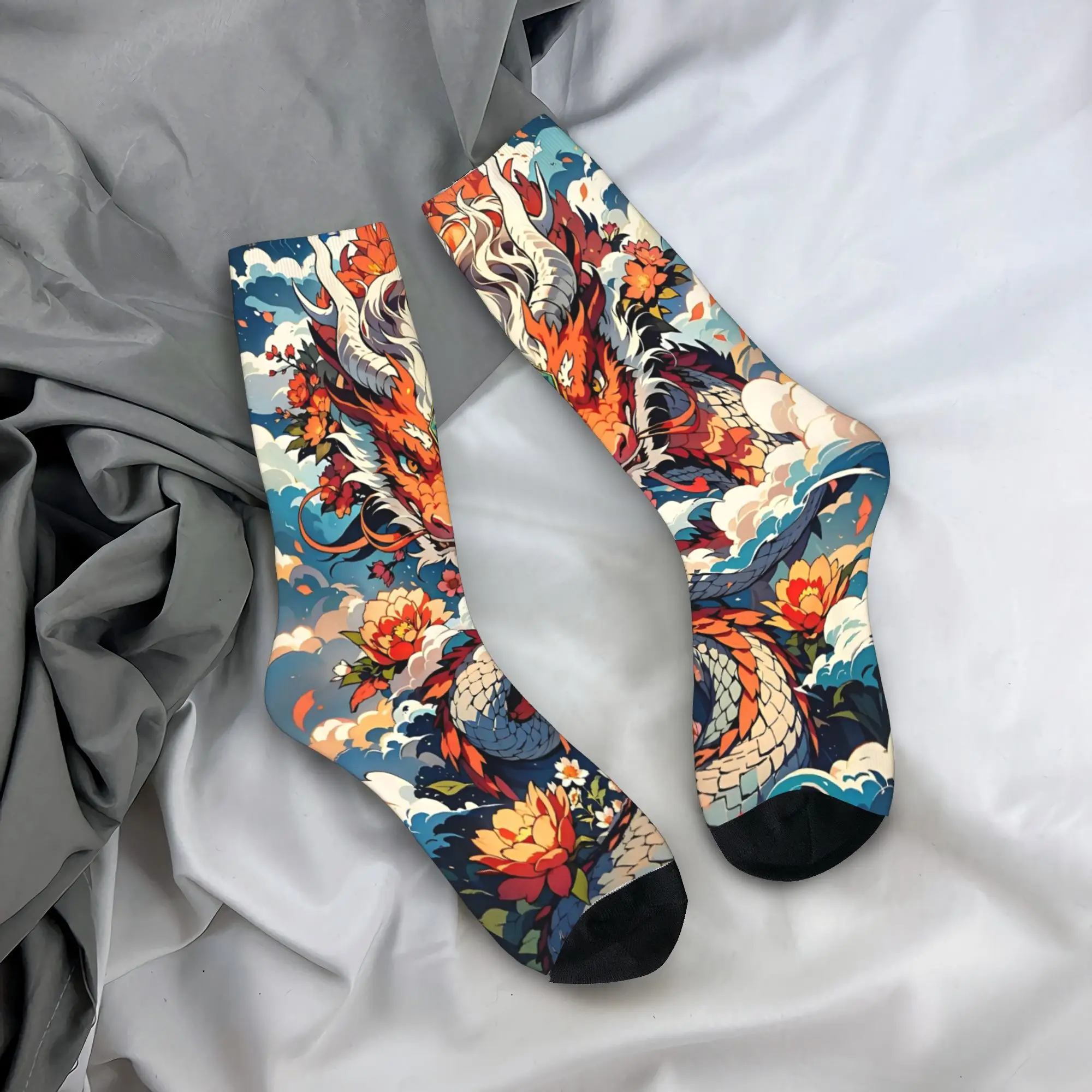 

Dragon Print Socks Vintage Stockings Spring Anti Slip Adults Men Socks Medium Soft Graphic Cycling Socks