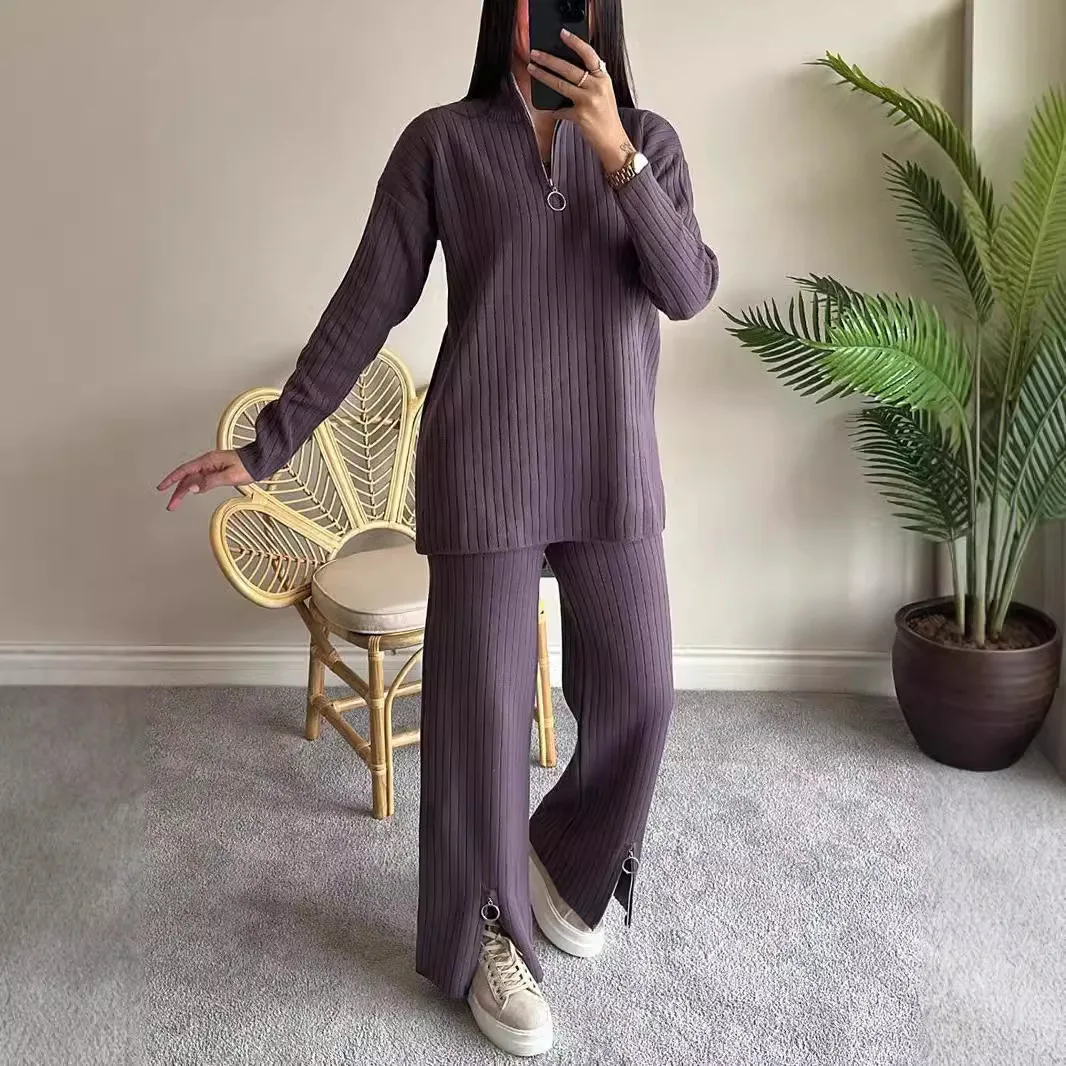 Fall Winter New Knitted Hone Sets Women Fashion Long Sleeve Striped Pullover Zipper Tops Outfits Casual Loose Wide Leg Pant Suit