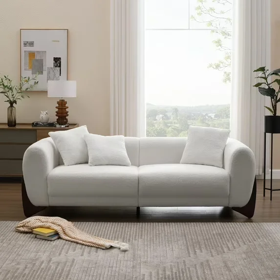 ^Mid-Century Modern Dark  Fabric 3-Seater Sofa with Solid Wood Legs, Plush Upholstered Couch for Living Room