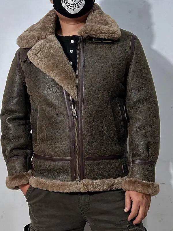 

Vintage Winter Men's Warm Coat Genuine Sheepskin Lambskin Shearling Bomber Pilot Jacket for Male 100% Reall Wool Plus Oversized