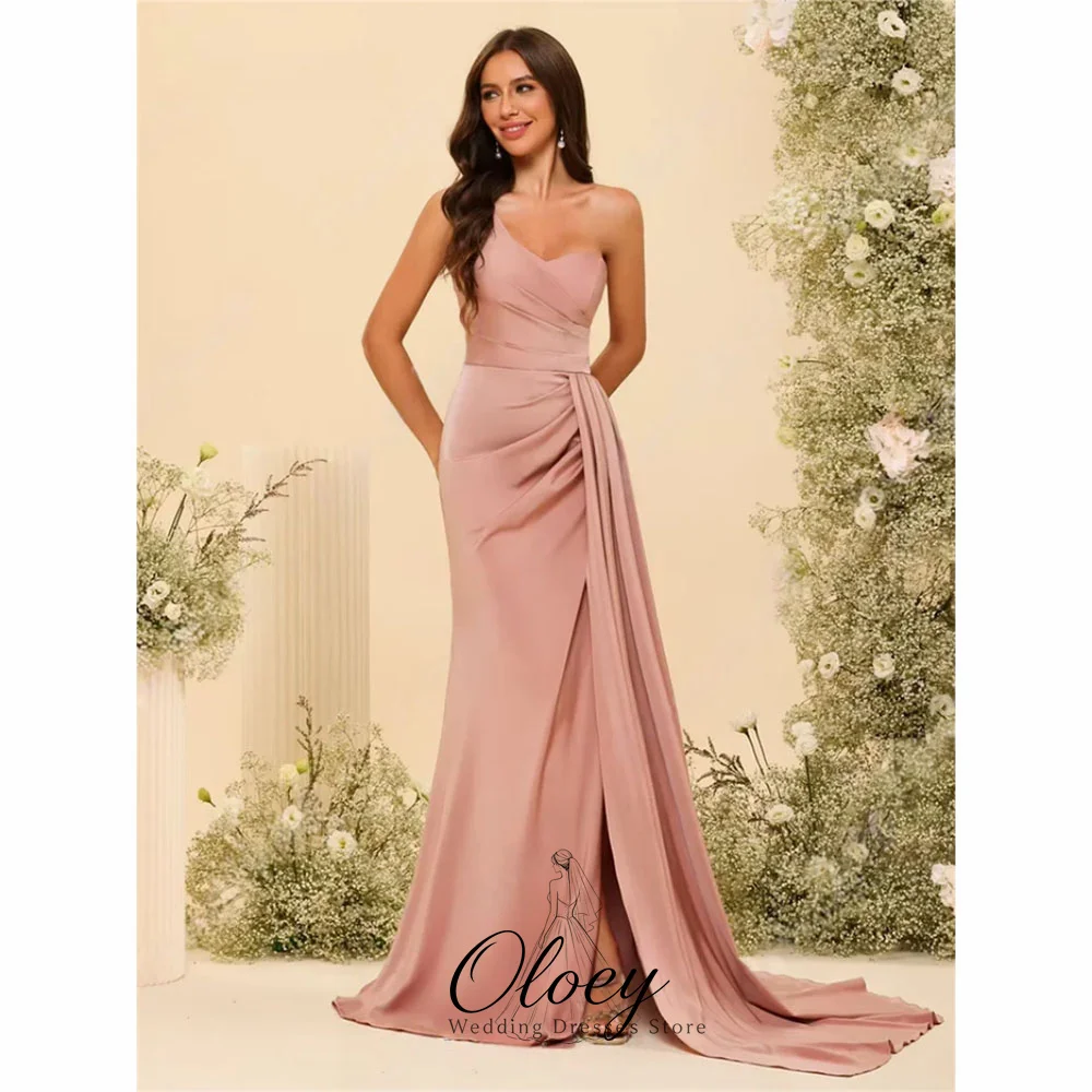 OLOEY Chic Dusty Rose One Shoulder Satin Evening Gown Dress Sleeveless Draped Mermaid Party Dress Customized Vestido De Noche